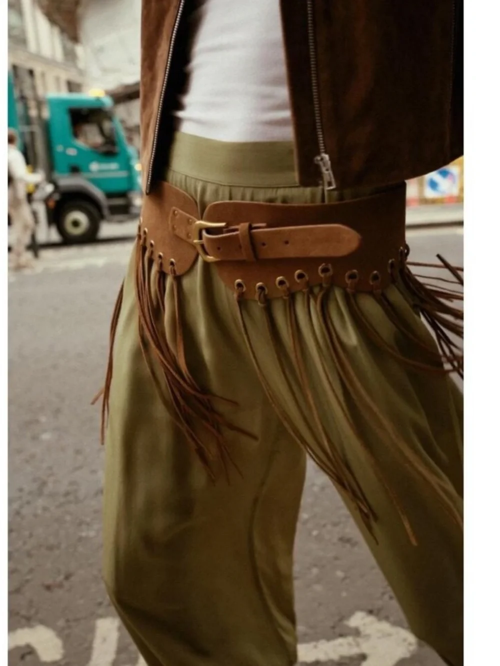 NWT Zara Brown Leather Fringe Cummerbund Belt Buckle Boho Festival Cowgirl Chic - Picture 2 of 10